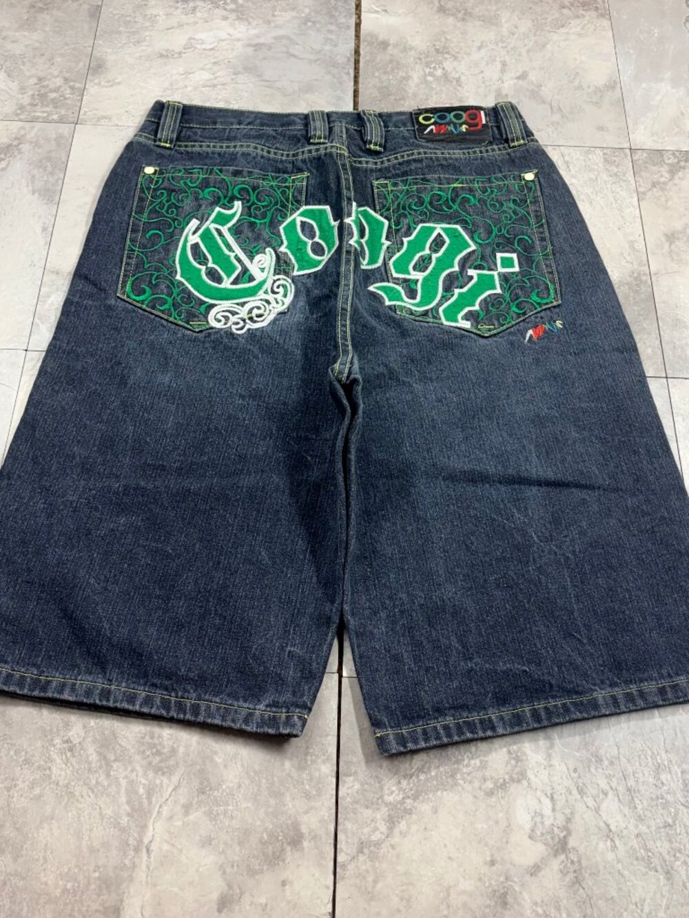 COOGI Green Union Jack Denim Shorts 36 Y2K